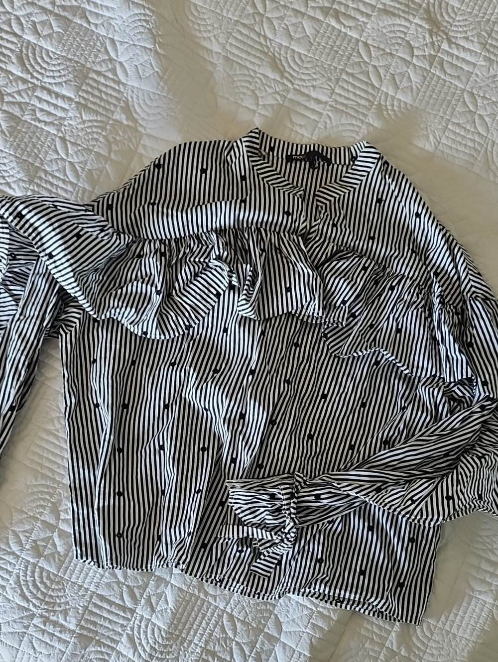 Maje Size 1 Black & White Striped Ruffle Blouse